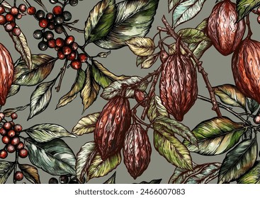 El árbol del café. Rama con hojas y bayas. Rama de árbol de cacao con granos de cacao, granos de chocolate, patrón sin costura, fondo. Ilustración vectorial. En estilo botánico