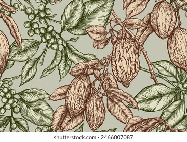 Coffee tree. Branch with leaves and berries. Cocoa tree branch with cocoa beans, chocolate beans, Seamless pattern, background. Vector illustration. In botanical style