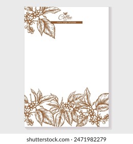 Coffee tree. Branch with leaves and berries. Border, frame, template for menu page, product label, cosmetic packaging. Vector illustration. In botanical style