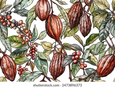 Coffee tree. Branch with leaves and berries. Cocoa tree branch with cocoa beans, chocolate beans, Seamless pattern, background. Vector illustration. In botanical style