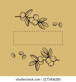 Coffee - coffee tree branch, leaves, grains. Simple black line outline, logo. Natural cafe concept. Design elements for advertising poster, template, coffee shop sign.