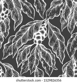 Coffee tree branch seamless vector pattern. Retro coffee background. Hand drawn engraved style illustration on chalk board.