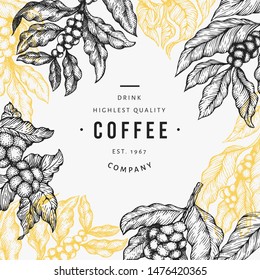 Coffee tree branch vector illustration. Retro coffee background. Hand drawn engraved style illustration.