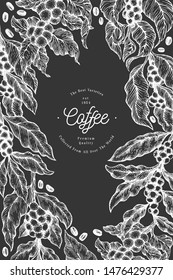 Coffee tree branch vector illustration. Retro coffee background. Hand drawn engraved style illustration on chalk board.
