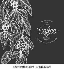 Coffee tree branch vector illustration. Vintage coffee background. Hand drawn engraved style illustration on chalk board.