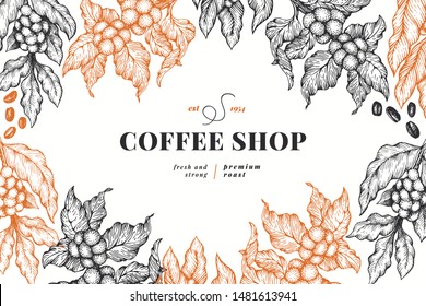 Coffee tree branch vector illustration. Vector coffee background. Hand drawn engraved style illustration.