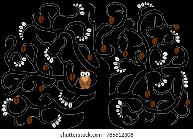 Coffee tree with brown coffee beans and white leaves on black background. Owl is sitting on the branch. Ornate floral pattern with lots of curves, illustration eps. 10