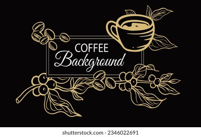 árbol de café y taza de dibujo de línea de tinta de oro en blanco negro para etiqueta, embalaje, logo, pegatina, afiche, impresión de arte, camiseta, mural, pancarta, fondo.