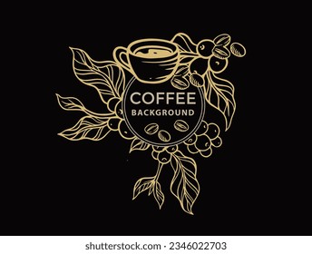 coffee tree and cup of ink line drawing gold on black white for label, packaging, logo, sticker, poster, art print, t-shirt, mural, banner, background.