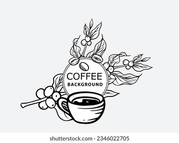 árbol de café y taza de dibujo de línea de tinta de oro en blanco negro para etiqueta, embalaje, logo, pegatina, afiche, impresión de arte, camiseta, mural, pancarta, fondo.