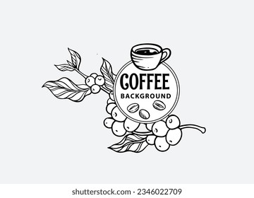 coffee tree and cup of ink line drawing gold on black white for label, packaging, logo, sticker, poster, art print, t-shirt, mural, banner, background.