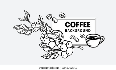 coffee tree and cup of ink line drawing gold on black white for label, packaging, logo, sticker, poster, art print, t-shirt, mural, banner, background.