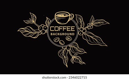 coffee tree and cup of ink line drawing gold on black white for label, packaging, logo, sticker, poster, art print, t-shirt, mural, banner, background.