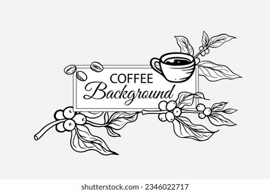 coffee tree and cup of ink line drawing gold on black white for label, packaging, logo, sticker, poster, art print, t-shirt, mural, banner, background.