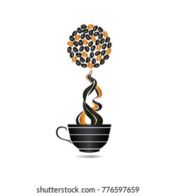 Coffee Tree. Cup, Steam and Beans isolated on white Background. Logo Design. Coffee poster. Vector illustration.