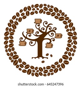 Coffee tree with cups in a circle of coffee beans, vector illustration