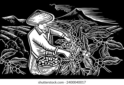 árbol de café y agricultor de dibujo de tinta sobre fondo para embalaje de etiquetas, afiche, pancarta, folleto, impresión de arte, ilustración de pintura, portada de libro, ilustración de libro 