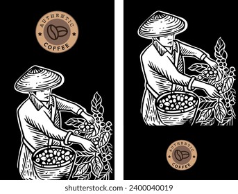 coffee tree and farmer of ink drawing sketch on background for label packaging, poster, banner, brochure, art print, painting illustration, book cover, book illustration 