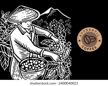 coffee tree and farmer of ink drawing sketch on background for label packaging, poster, banner, brochure, art print, painting illustration, book cover, book illustration 