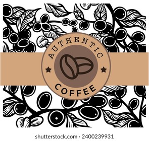 coffee tree and farmer of sketch ink drawing for label packaging, sticker, poster, promotion, banner, t-shirt, tote bag, label packaging sticker, background, logo, stamp.