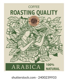 coffee tree and farmer of sketch ink drawing for label packaging, sticker, poster, promotion, banner, t-shirt, tote bag, label packaging sticker, background, logo, stamp.