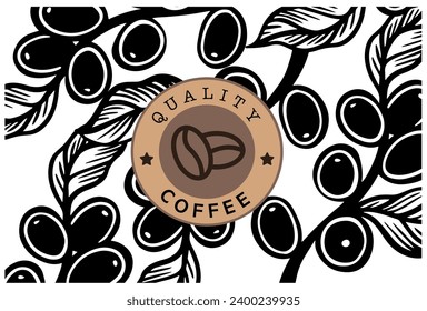 coffee tree and farmer of sketch ink drawing for label packaging, sticker, poster, promotion, banner, t-shirt, tote bag, label packaging sticker, background, logo, stamp.