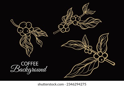 coffee tree gold on black of sketch ink line drawing for banner, poster, art print, cafe shop, menu, label, packaging, sticker, t-shirt, mural, advertising, background, pattern fabric.