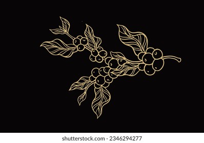 coffee tree gold on black of sketch ink line drawing for banner, poster, art print, cafe shop, menu, label, packaging, sticker, t-shirt, mural, advertising, background, pattern fabric.