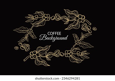 coffee tree gold on black of sketch ink line drawing for banner, poster, art print, cafe shop, menu, label, packaging, sticker, t-shirt, mural, advertising, background, pattern fabric.