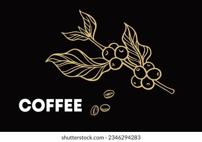 coffee tree gold on black of sketch ink line drawing for banner, poster, art print, cafe shop, menu, label, packaging, sticker, t-shirt, mural, advertising, background, pattern fabric.