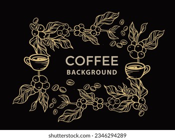 coffee tree gold on black of sketch ink line drawing for banner, poster, art print, cafe shop, menu, label, packaging, sticker, t-shirt, mural, advertising, background, pattern fabric.