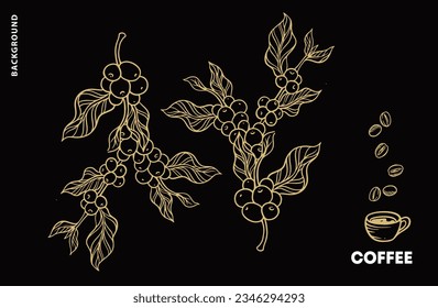 coffee tree gold on black of sketch ink line drawing for banner, poster, art print, cafe shop, menu, label, packaging, sticker, t-shirt, mural, advertising, background, pattern fabric.