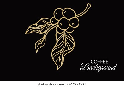 coffee tree gold on black of sketch ink line drawing for banner, poster, art print, cafe shop, menu, label, packaging, sticker, t-shirt, mural, advertising, background, pattern fabric.