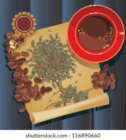 coffee tree graphic, old paper