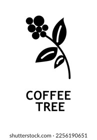 Coffee tree icon. Advertising and marketing, ingredient for cafe or restaurant. Grains on branch for preparing invigorating drinks. Poster or banner. Cartoon flat vector illustration