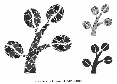 Coffee tree mosaic of uneven elements in variable sizes and color hues, based on coffee tree icon. Vector uneven parts are composed into mosaic. Coffee tree icons collage with dotted pattern.