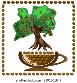Árbol de café sobre una taza de café y un marco de granos de café. Dibujo de vectores