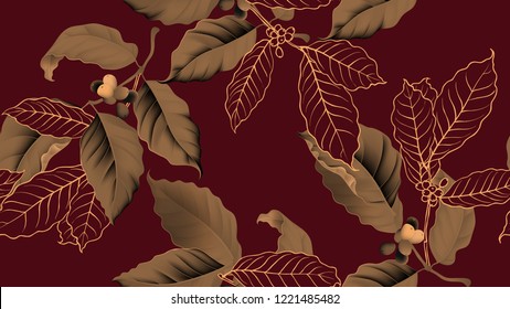 Coffee tree seamless pattern, branch of coffee tree in golden brown on dark red background, vintage style