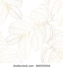 Coffee tree seamless pattern, branch of coffee tree in golden line on white background, vintage style.