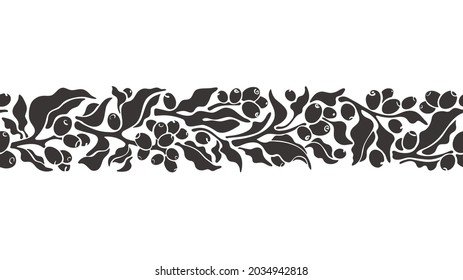 Coffee tree seamless pattern. Vector shape of twig, leaves, grain and berry. Abstract black ornament on white background. Nature print, abstract decor