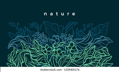 Coffee tree. Tropical foliage. Vector hand drawn template. Nature neon green leaves, flower, berry, bean. Art line abstract background. Wild jungle. Graphic illustration