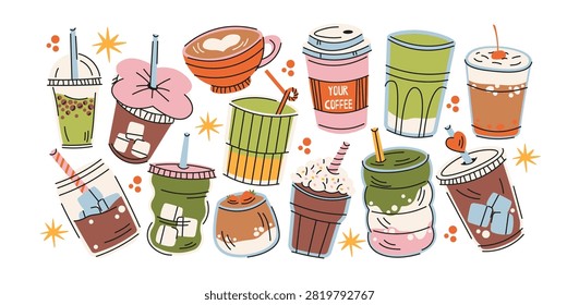 Coffee trendy drinks stickers with latte, cappuccino, matcha, iced coffee, takeaway cups and sweet beverages, inspired by modern coffee shop culture, cozy cafe lifestyle and trendy drink collection