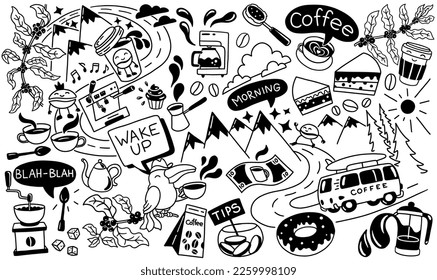 Coffee trendy mixed doodle. Cup of coffee and desert. Morning road. Black and white. Contemporary poster. Vector illustration.