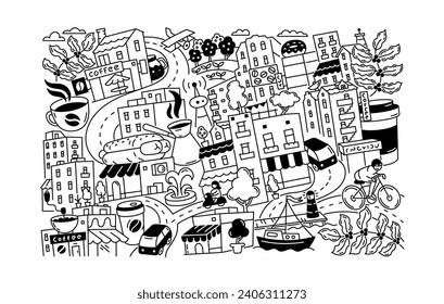 Coffee trendy mixed doodle. Cup of coffee and desert. Morning road. Black and white. Contemporary poster. Editable outline stroke. Vector line.