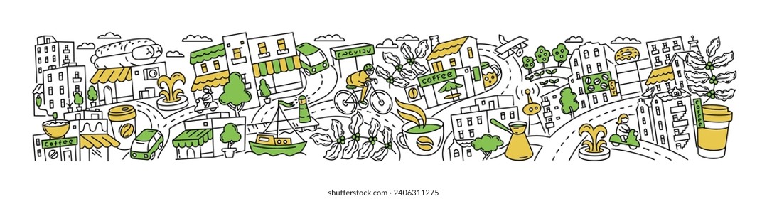 Coffee trendy mixed doodle. Cup of coffee and desert. Site header. Editable outline stroke. Vector line.