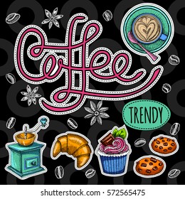 Coffee trendy vector set. Coffee beans, cup, cappuccino, coffee mill, sweets, cookies, cake, star anise, croissant. Hand drawn design elements.