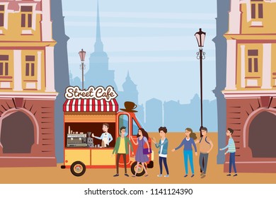 Coffee truck, barista, colored coffee shop outdoor composition, city, with buyers standing in line for coffee, men and women, teenagers, urban scene, vector, cartoon style, isolated