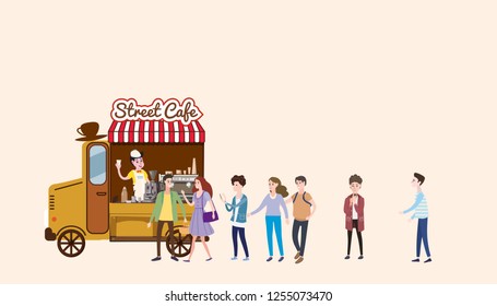 Coffee truck, barista, colored coffee shop outdoor composition, city, with buyers standing in line for coffee, men and women, teenagers, urban scene, vector, cartoon style, isolated