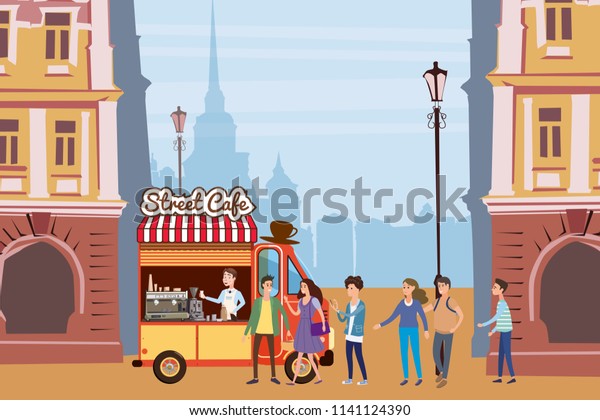 Coffee truck,\
barista, colored coffee shop outdoor composition, city, with buyers\
standing in line for coffee, men and women, teenagers, urban scene,\
vector, cartoon style,\
isolated