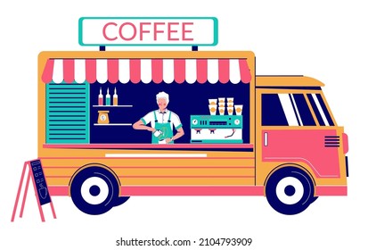 Coffee truck with barista making hot energy drink, flat vector illustration. Street food van, mobile coffee shop, cafe on wheels, food bus small business.